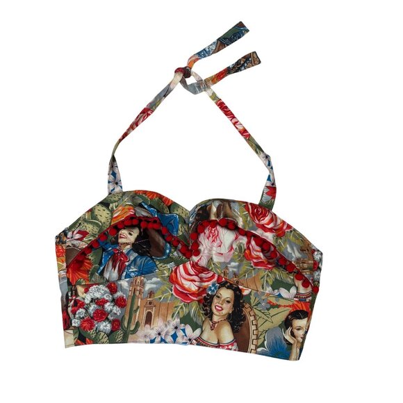 None Tops - M Pin-Up Style Floral Halter Crop Top With Colorful Retro Print Pom Pom Detail